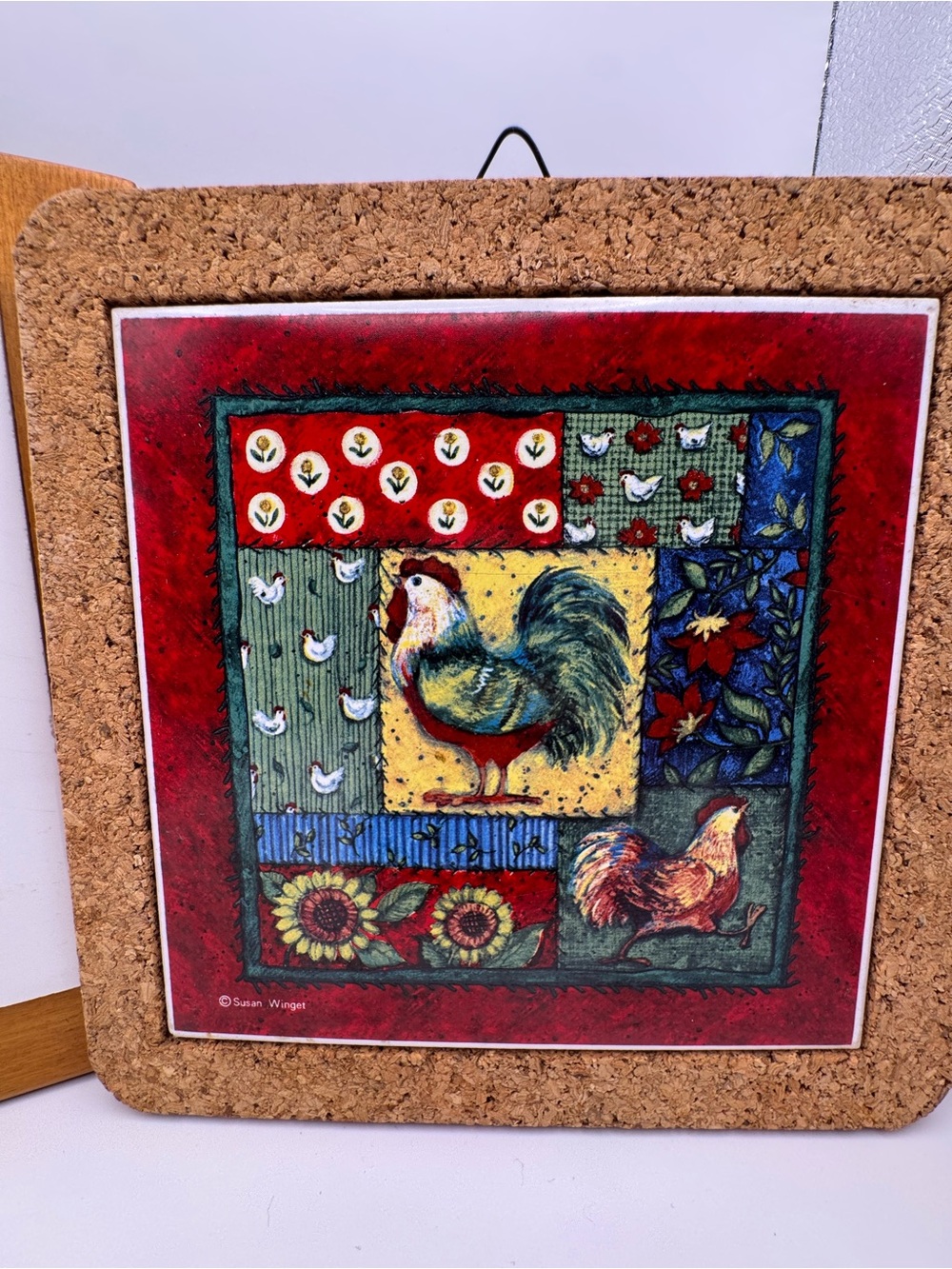 Title  Susan Winget Rooster Ceramic Tile Wall Plaque Cork Frame Farmhouse Decor